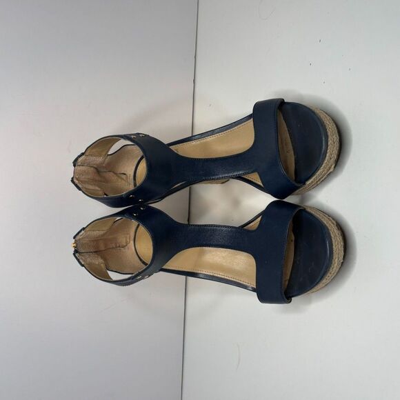 Michael Kors Navy Leather Stylish T Strap Open Toe Heeled Sandals Espadrilles - Picture 6 of 10